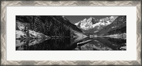 Framed Reflection of a mountain in a lake in black and white, Maroon Bells, Aspen, Colorado Print
