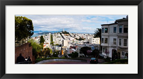 Framed Aerial view of the Lombard Street, Coit Tower, Bay Bridge, San Francisco, California, USA Print