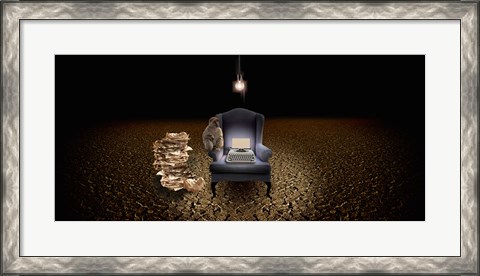 Framed Chair with a monkey and typewriter in the desert Print