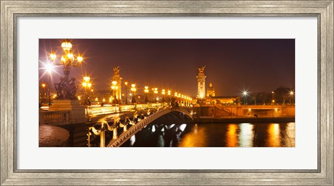 Framed Bridge across the river at night, Pont Alexandre III, Seine River, Paris, Ile-De-France, France Print