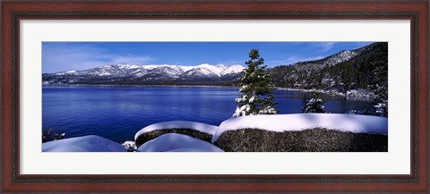 Framed Lake with a snowcapped mountain range in the background, Sand Harbor, Lake Tahoe, California, USA Print
