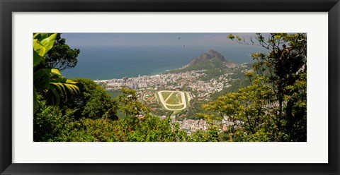 Framed Aerial view of a town on an island, Ipanema Beach, Leblon Beach, Corcovado, Rio De Janeiro, Brazil Print