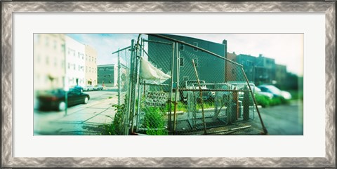 Framed Broken gate to a construction yard on a street, Williamsburg, Brooklyn, New York City, New York State, USA Print