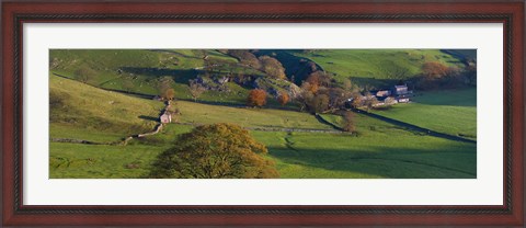 Framed High angle view of a village in valley, Dove Dale, White Peak, Peak District National Park, Derbyshire, England Print