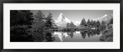 Framed Reflection of trees and mountain in a lake, Matterhorn, Switzerland (black and white) Print