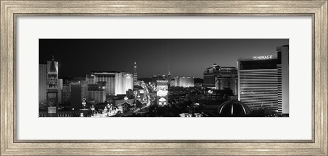 Framed Buildings Lit Up At Night, Las Vegas, Nevada, USA (black &amp; white) Print