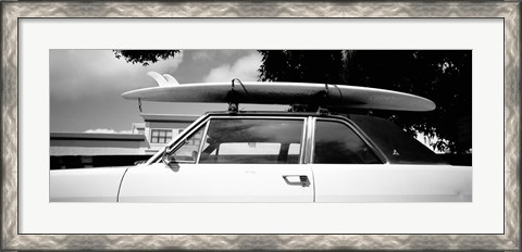 Framed California, Surf board on roof of car (black and white) Print