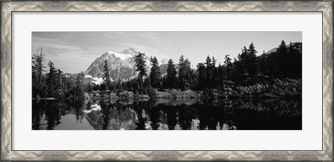 Framed Reflection of trees and mountains in a lake, Mount Shuksan, North Cascades National Park, Washington State (black and white) Print