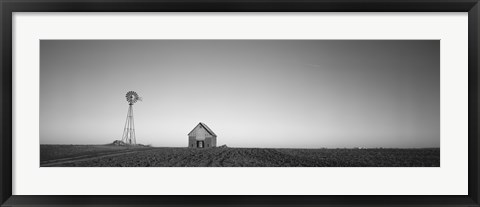 Framed Farmhouse and Windmill in a Field, Illinois (black &amp; white) Print