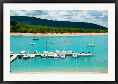 Framed Boats at a harbor, Port Margaridon, Lake of Sainte-Croix, Var, Provence-Alpes-Cote d&#39;Azur, France Print