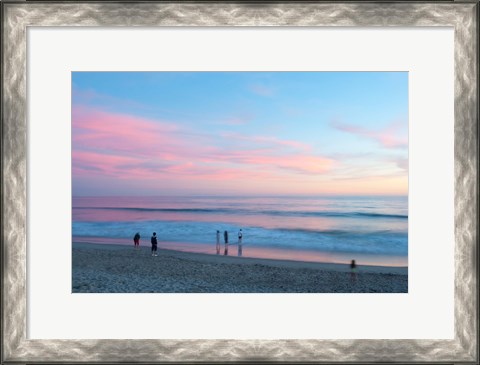 Framed Tourists on the beach at sunset, Santa Monica, California, USA Print