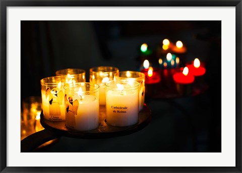 Framed Votive candles in a cathedral, Reims Cathedral, Reims, Marne, Champagne-Ardenne, France Print