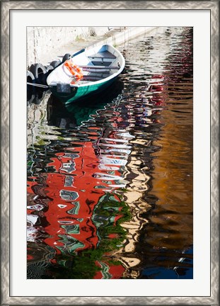 Framed Houses and boat reflected in Lake Como, Varenna, Lombardy, Italy Print
