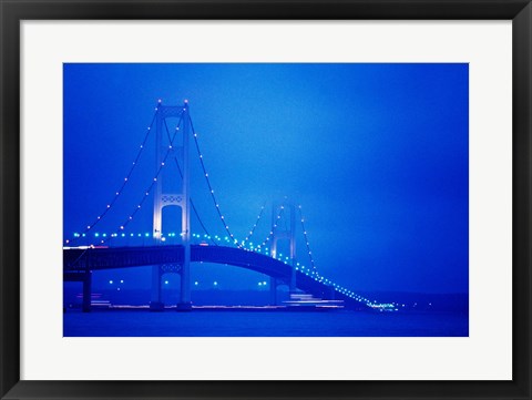 Framed Fog surrounding the Mackinac Bridge at dusk, Michigan, USA Print