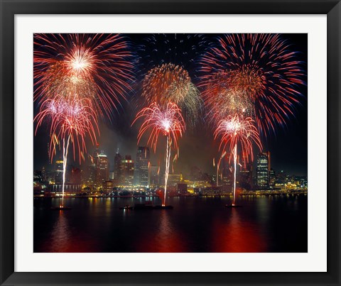 Framed Fireworks display at night on Freedom Festival at Detroit (in Michigan, USA) viewed from Windsor, Ontario, Canada 2013 Print