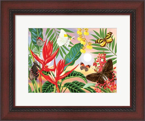 Framed Butterflies and Red Christmas Heliconia Print