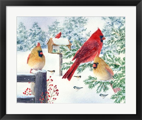 Framed Cardinals In Snow Flurry Print