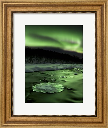 Framed Aurora Borealis reflects off the Tennevik River, Troms County, Norway Print