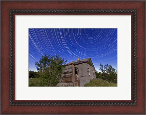 Framed Circumpolar star trails above an old farmhouse in Alberta, Canada Print