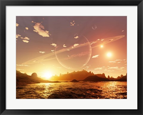 Framed scene on a distant moon orbiting a gas giant in a trinary star system Print