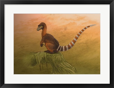 Framed Sinosauropteryx dinosaur resting on a log Print