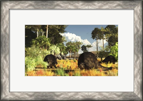 Framed Prehistoric glyptodonts graze on grassy plains Print