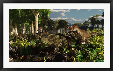 Framed Utahraptors hunting the early iguanodonts, Tenontosaurus Print
