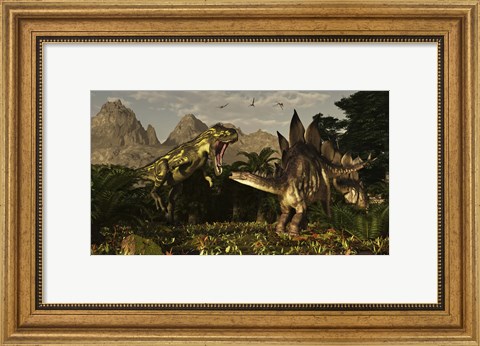 Framed large carnivorous Torvosaurus preying on a Stegosaurus Print