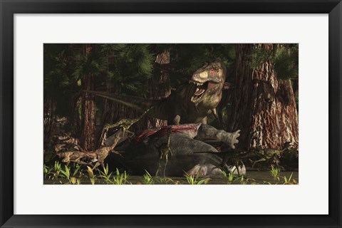 Framed T-Rex returns to his kill and finds some poaching raptors Print