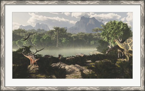 Framed Late Jurassic East Africa with a host of different animals and plants Print