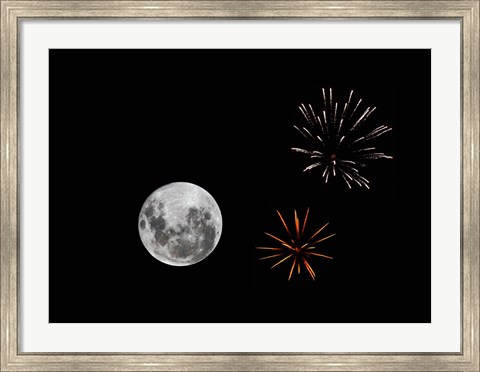 Framed composite image with fireworks and a new Moon Print