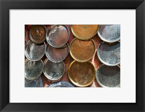 Framed Brass plates for sale in the Souk, Marrakech (Marrakesh), Morocco, North Africa Print