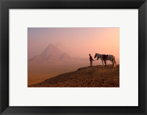 Framed Dawn View of Guide and Horses at the Giza Pyramids, Cairo, Egypt Print