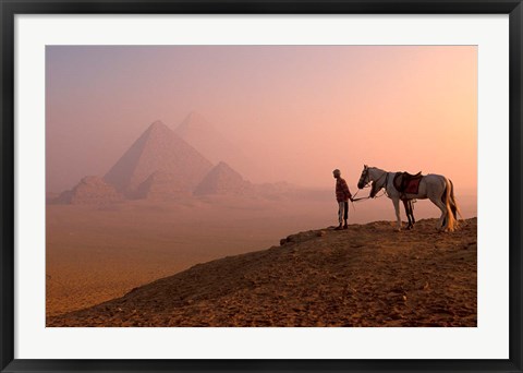 Framed Dawn View of Guide and Horses at the Giza Pyramids, Cairo, Egypt Print