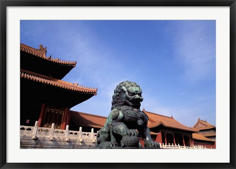 Framed Bronze lion statue, , Forbidden City, China Print