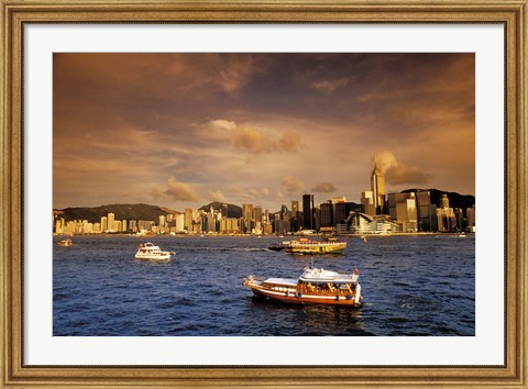 Framed Boats in Victoria Harbor at Sunset, Hong Kong, China Print