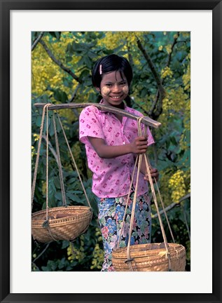 Framed Girl with Painted Face Carrying Basket on Shoulder Pole, Myanmar Print