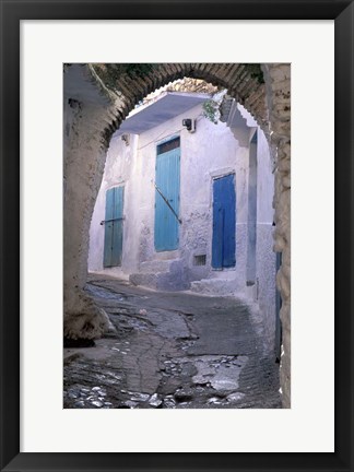 Framed Blue Doors and Whitewashed Wall, Morocco Print
