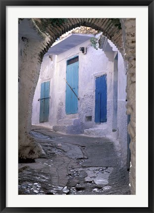 Framed Blue Doors and Whitewashed Wall, Morocco Print