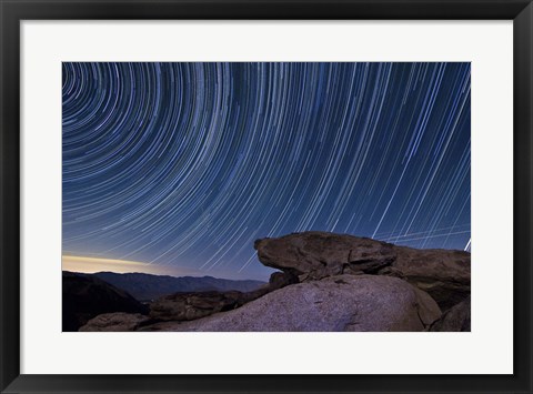 Framed Star trails and a granite rock outcropping overlooking Anza Borrego Desert State Park Print
