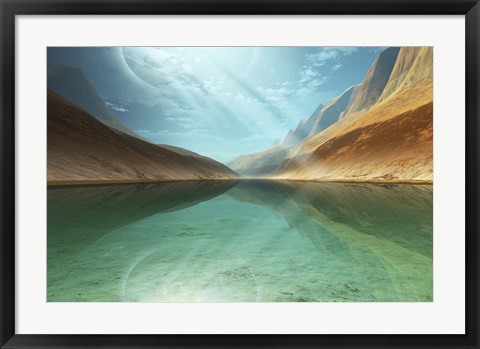 Framed beautiful river reflects light rays coming down from the sky Print