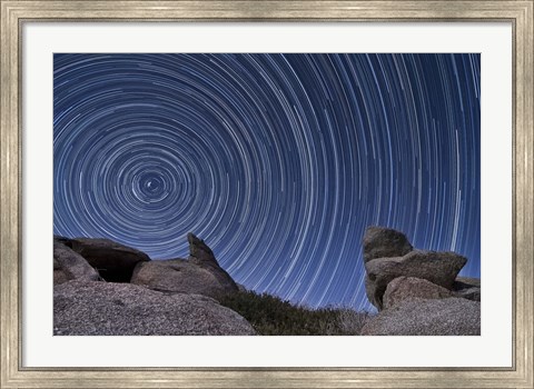 Framed boulder outcropping and star trails in Anza Borrego Desert State Park, California Print