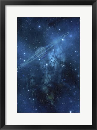 Framed ringed planet orbits near a beautiful nebula in space Print