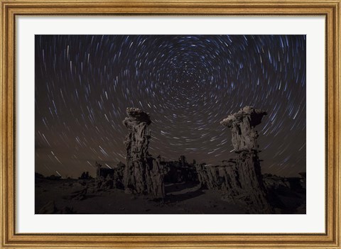 Framed Star trails above sand tufa formations at Mono Lake, California Print
