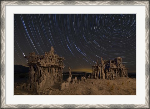 Framed Star trails and intricate sand tufa formations at Mono Lake, California Print