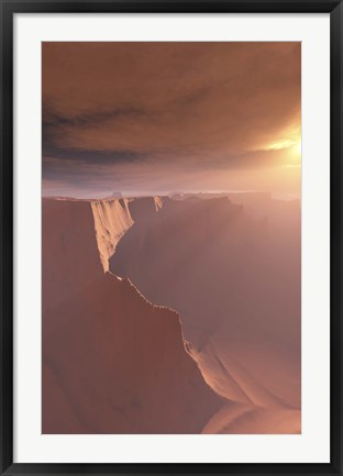 Framed Sunrays shine down on this canyon landscape Print