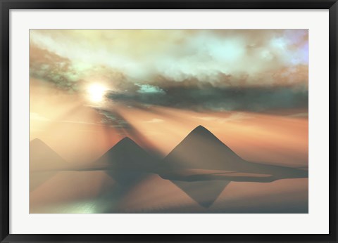 Framed Sunrays shine down on three pyramids along the Nile River on the Giza Plateau Print