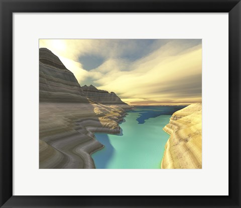 Framed blue shadow falls across the turquoise river waters of this canyon Print