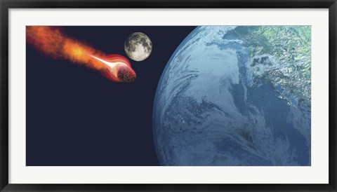 Framed Earth is about to be hit by an unknown white hot asteroid Print