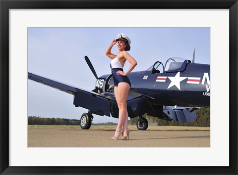 Framed 1940&#39;s Navy pin-up girl posing with a vintage Corsair aircraft Print